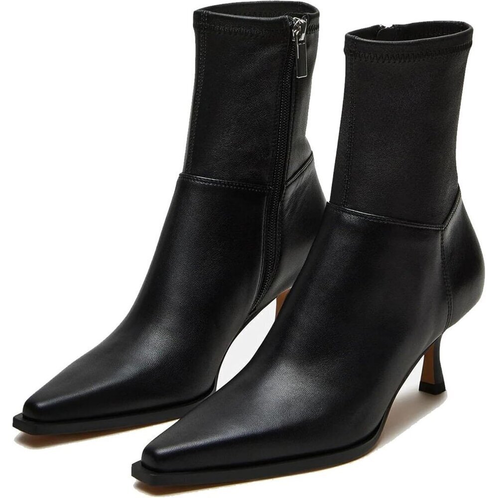 Women's Black Fall Side Zip Ankle Mid Calf Pointed Toe Kitten Heel Boots